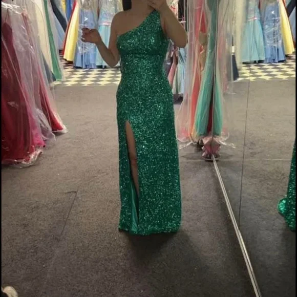 open lace back dress Scala -80156 One Shoulder Sequin Prom Sheath Dress, Navy main image 1